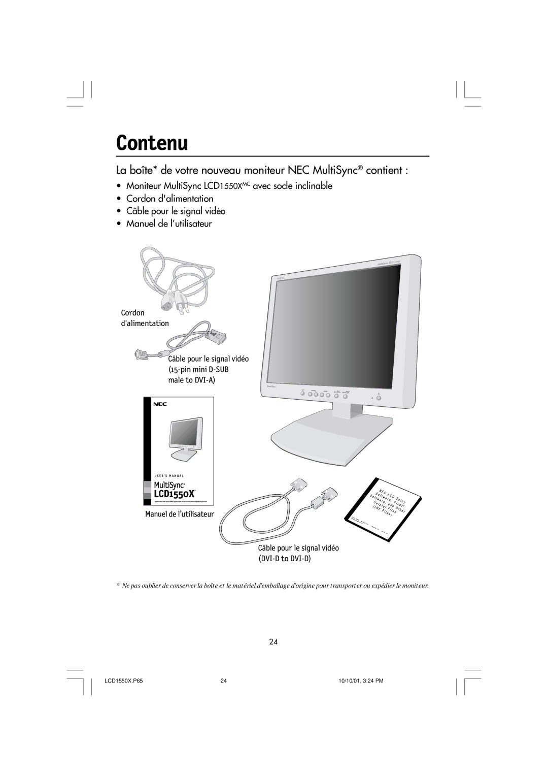 NEC LCD1550X manual Contenu, La boîte* de votre nouveau moniteur NEC MultiSync contient 