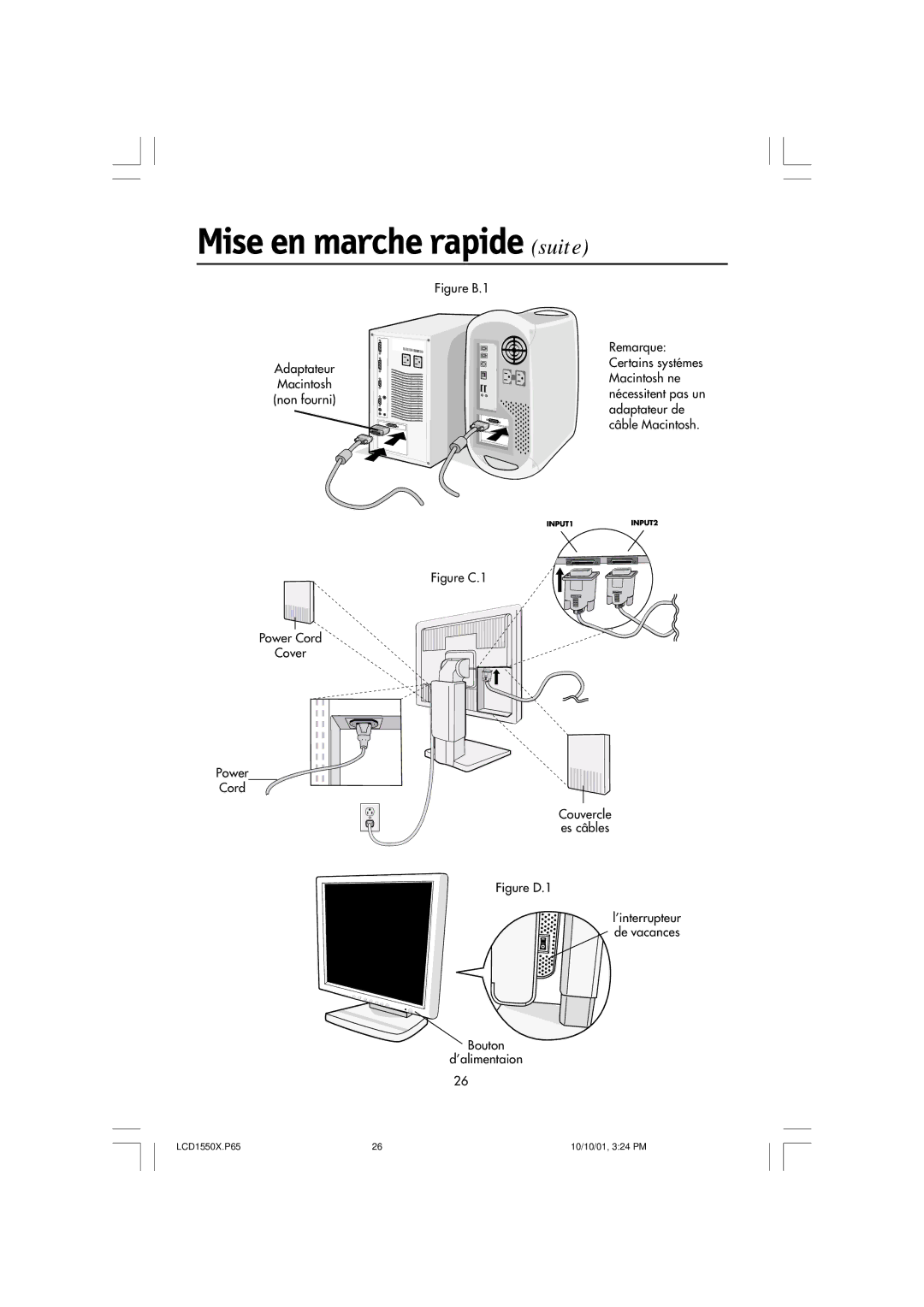 NEC LCD1550X manual Mise en marche rapide suite, Figure C.1 Power Cord Cover Couvercle es câbles 