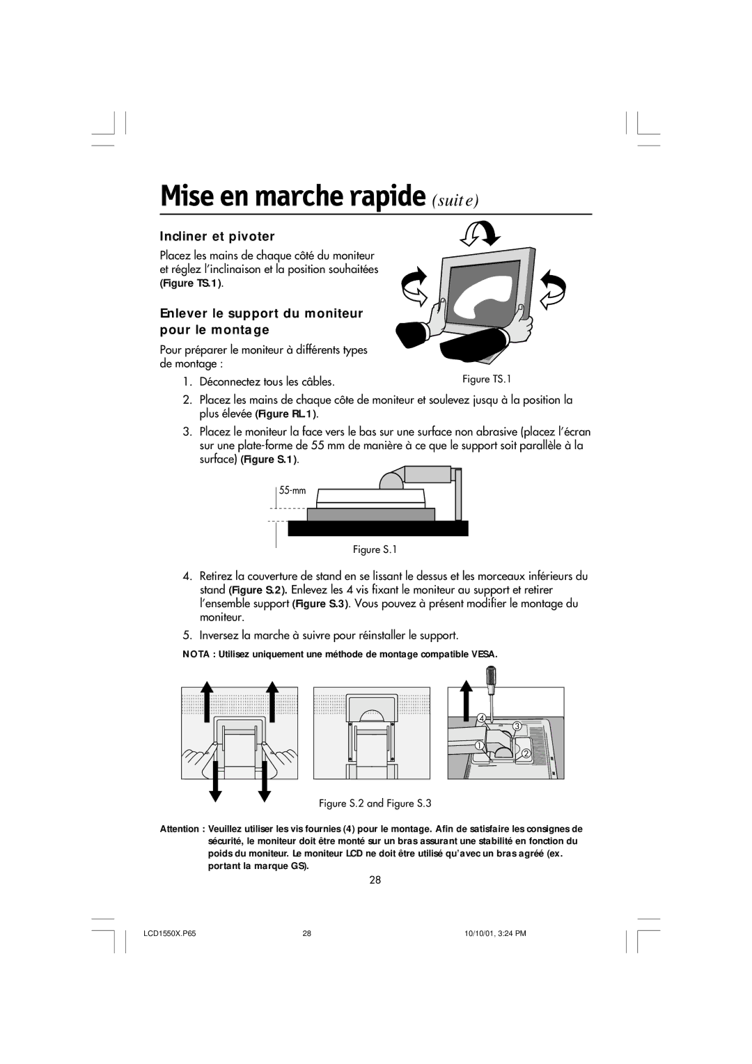 NEC LCD1550X manual Incliner et pivoter, Enlever le support du moniteur pour le montage 