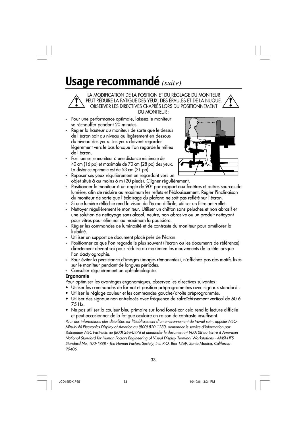 NEC LCD1550X manual Usage recommandé suite, Ergonomie 