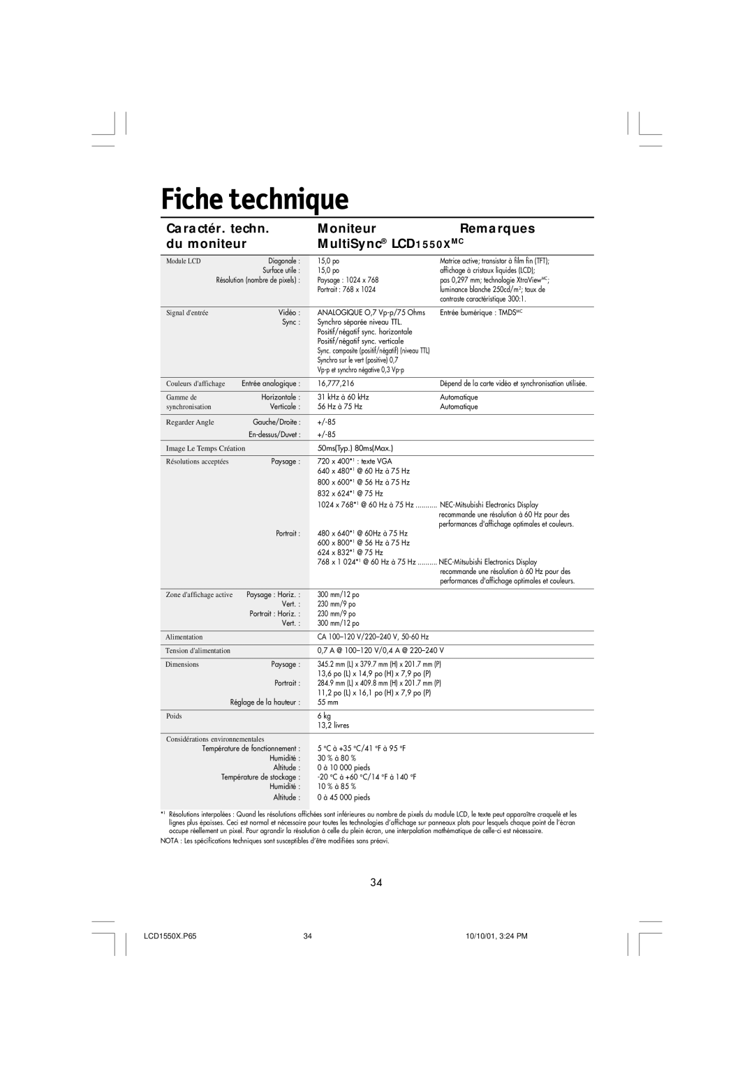 NEC LCD1550X manual Fiche technique 