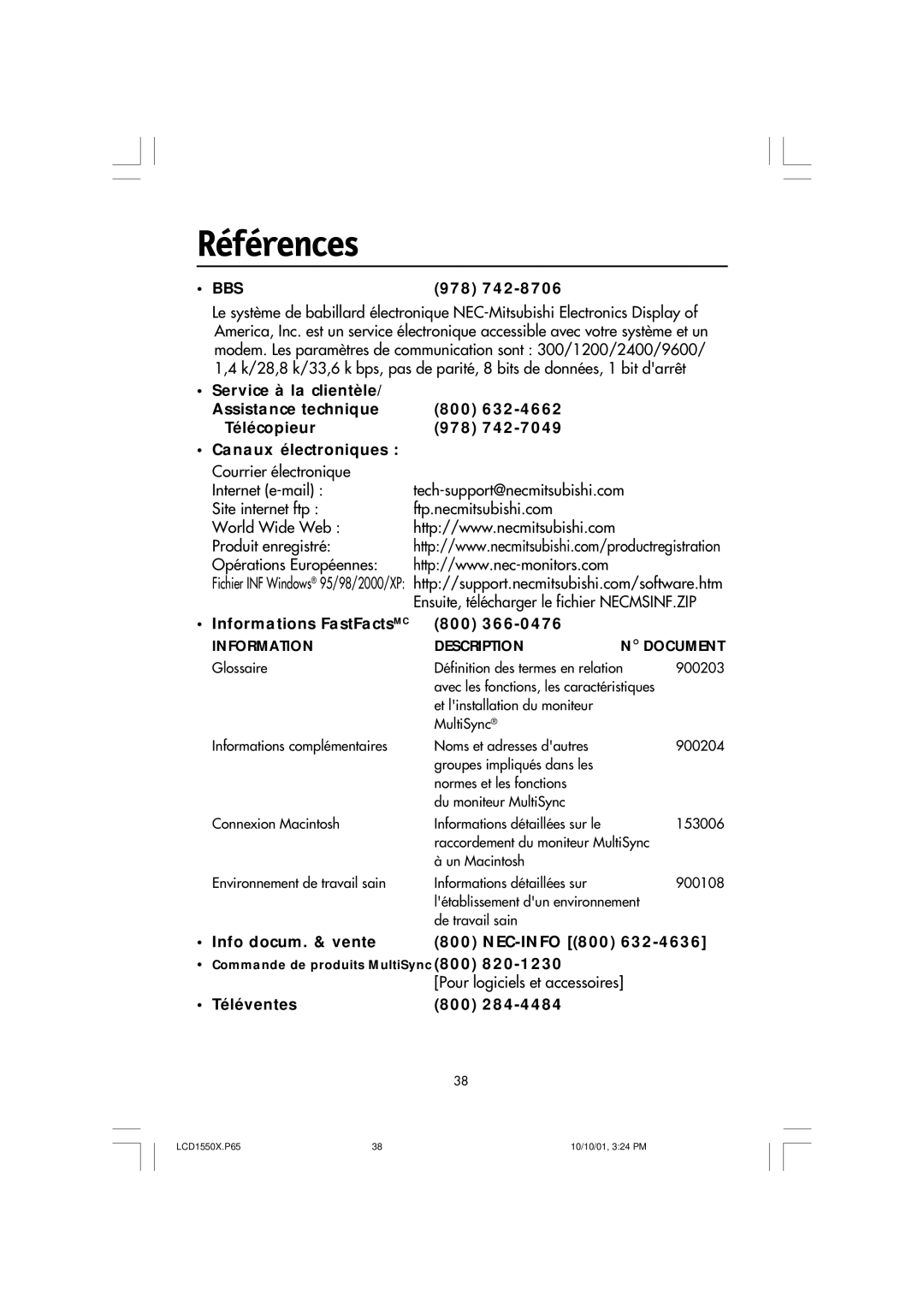 NEC LCD1550X Références, Informations FastFactsMC 800, Info docum. & vente NEC-INFO 800, Pour logiciels et accessoires 