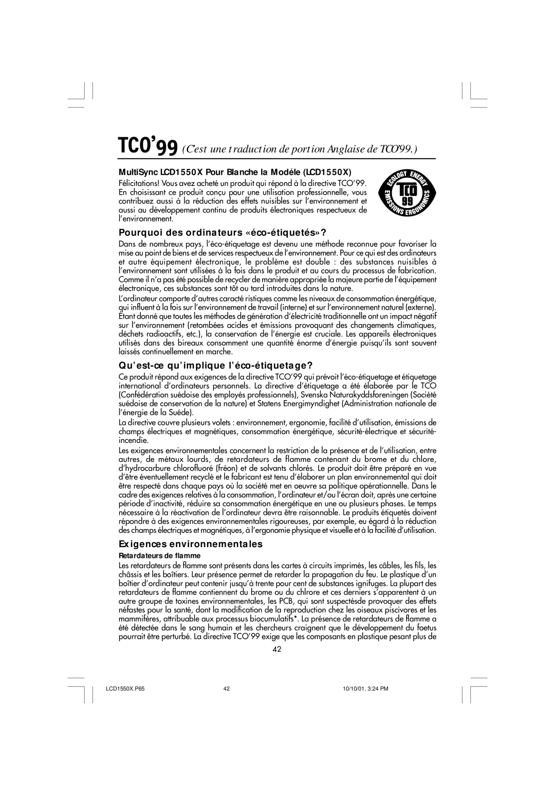 NEC manual TCO’99 C’est une traduction de portion Anglaise de TCO’99, MultiSync LCD1550X Pour Blanche la Modéle LCD1550X 