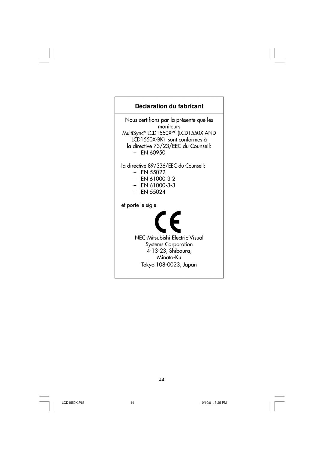 NEC LCD1550X manual Déclaration du fabricant 