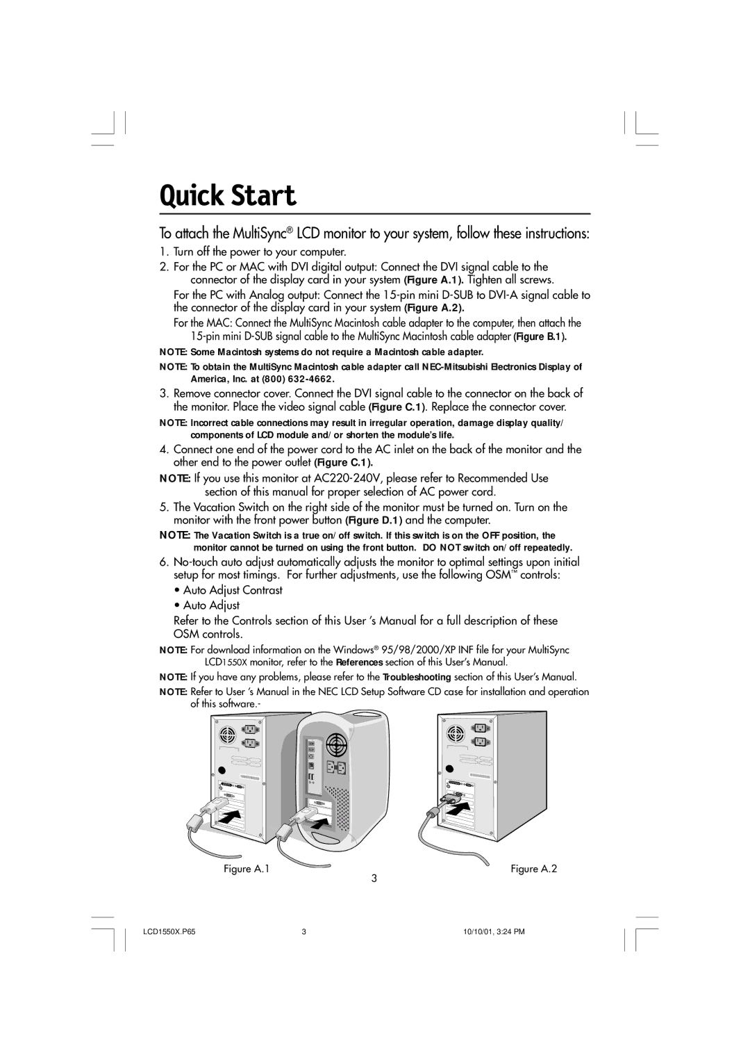 NEC LCD1550X manual Quick Start, Turn off the power to your computer 