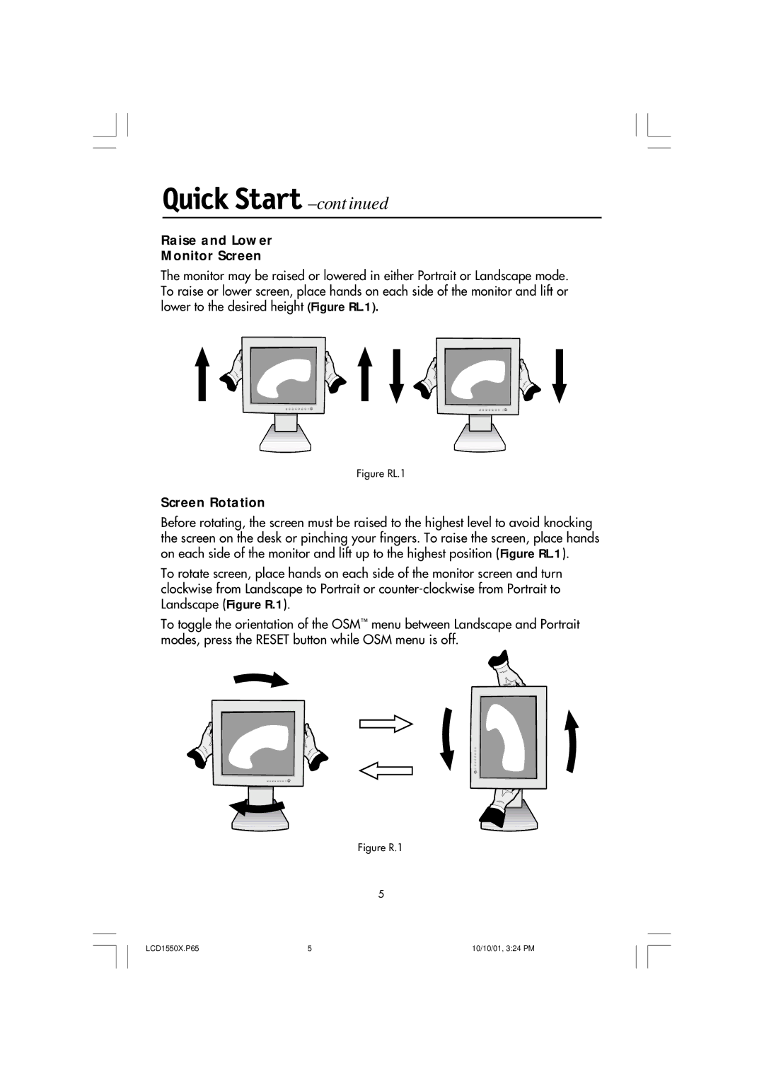 NEC LCD1550X manual Raise and Lower Monitor Screen, Screen Rotation 