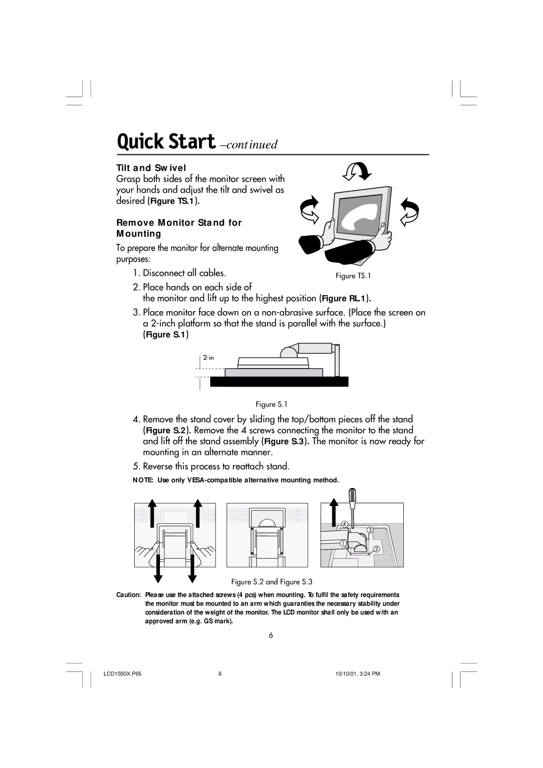 NEC LCD1550X manual Tilt and Swivel, Remove Monitor Stand for Mounting 