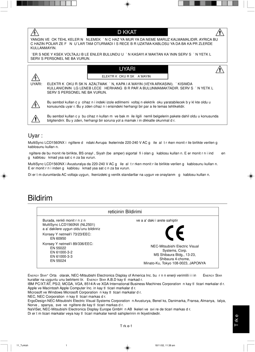 NEC LCD1560NX user manual Bildirim, Uyar∂ 