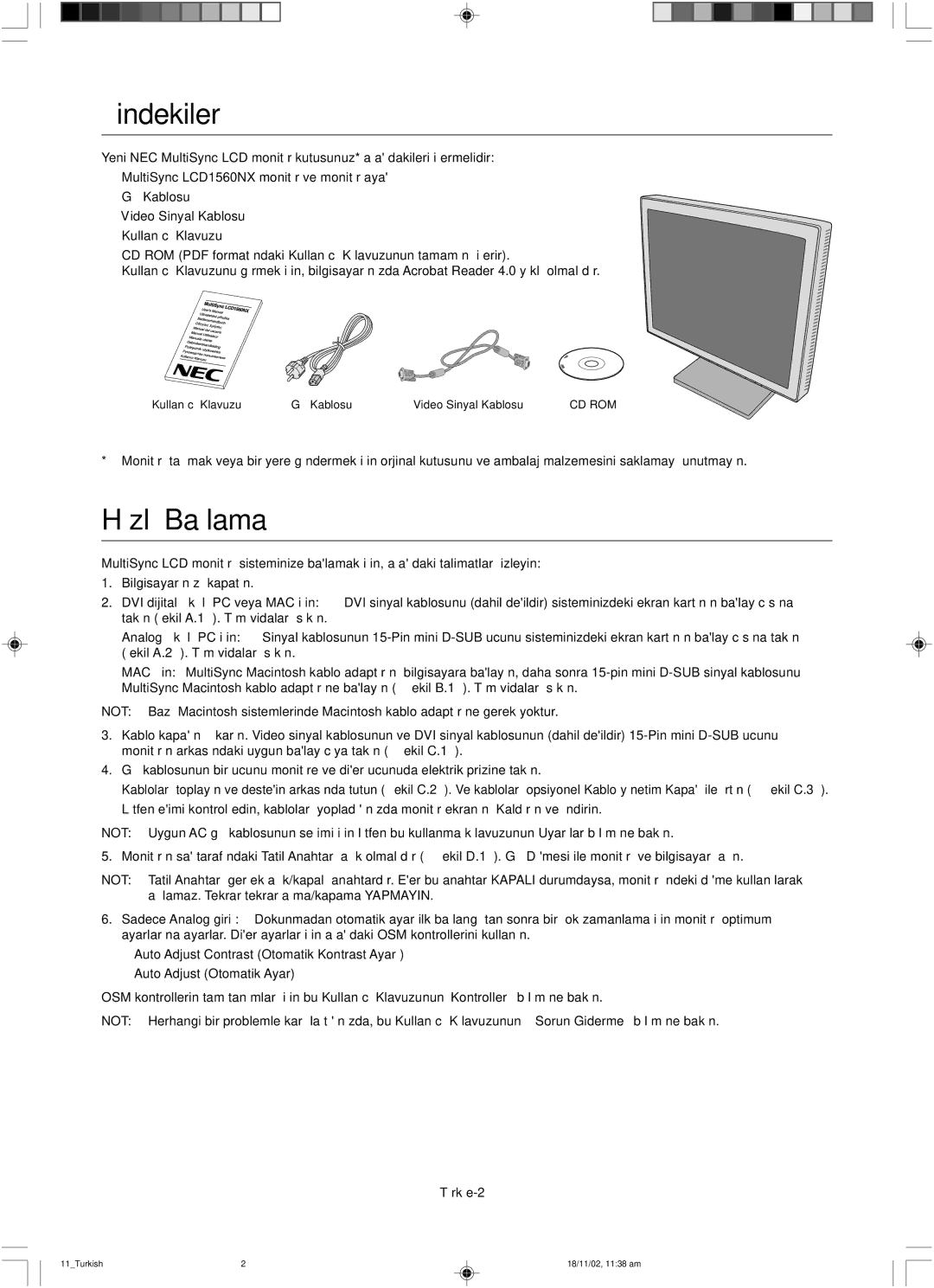 NEC LCD1560NX user manual ∑çindekiler, ∂zl∂ Baµlama 