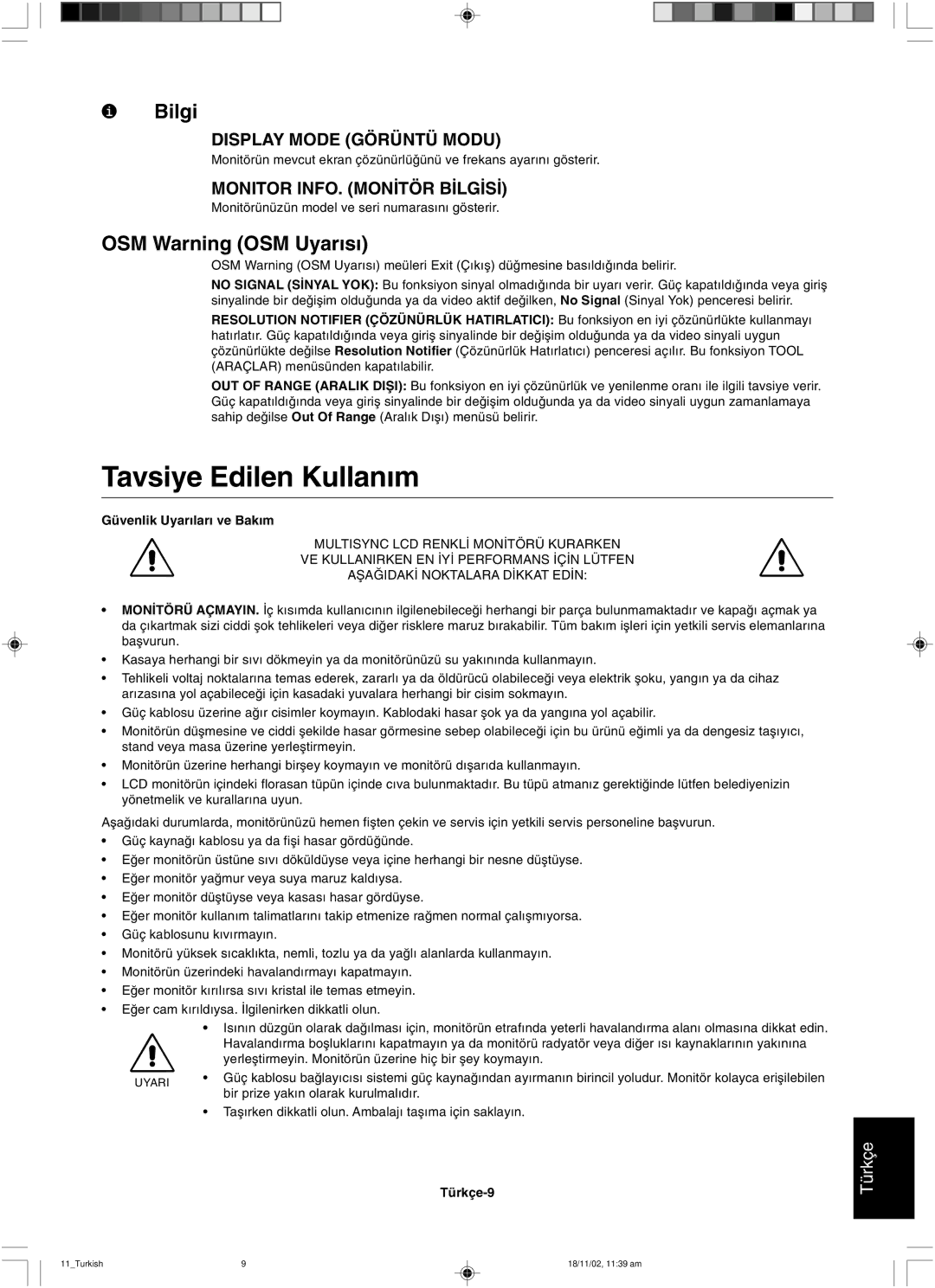 NEC LCD1560NX user manual Tavsiye Edilen Kullan∂m, Bilgi, OSM Warning OSM Uyar∂s∂ 