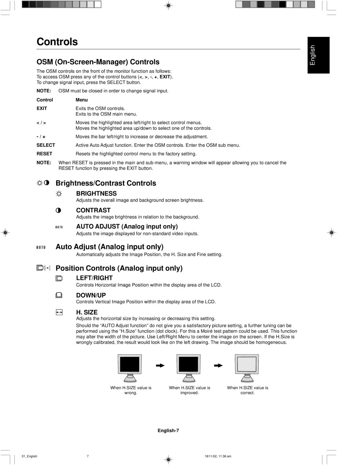 NEC LCD1560NX user manual OSM On-Screen-Manager Controls, Brightness/Contrast Controls, Auto Adjust Analog input only 