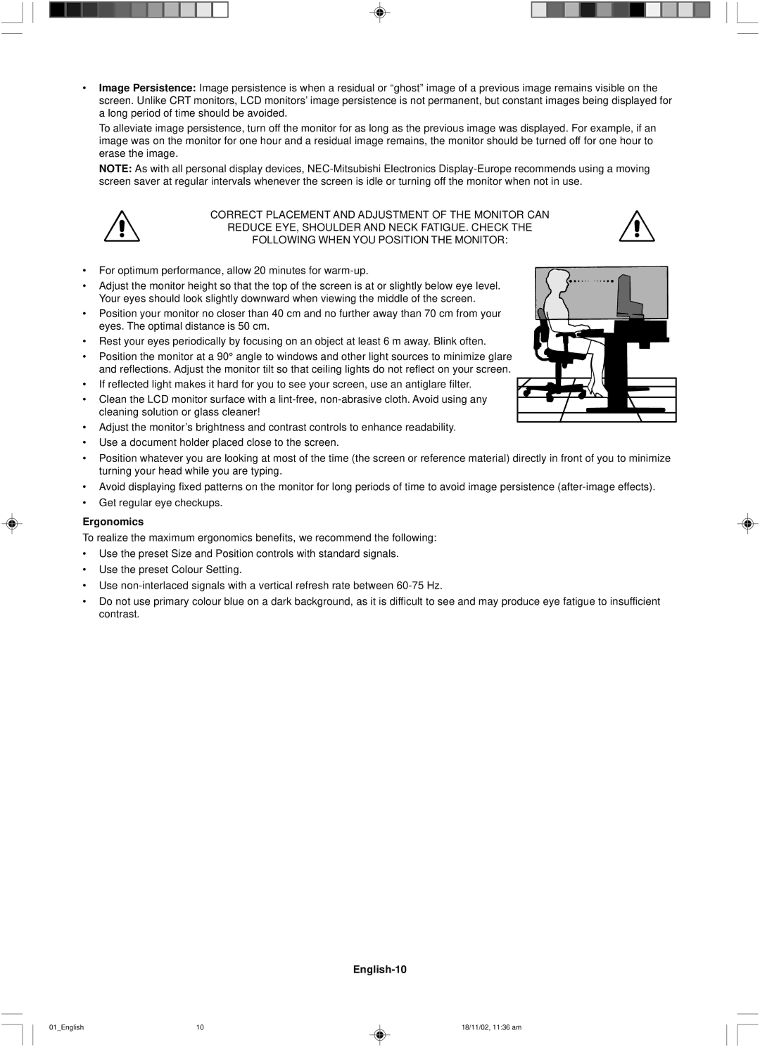 NEC LCD1560NX user manual Ergonomics, English-10 