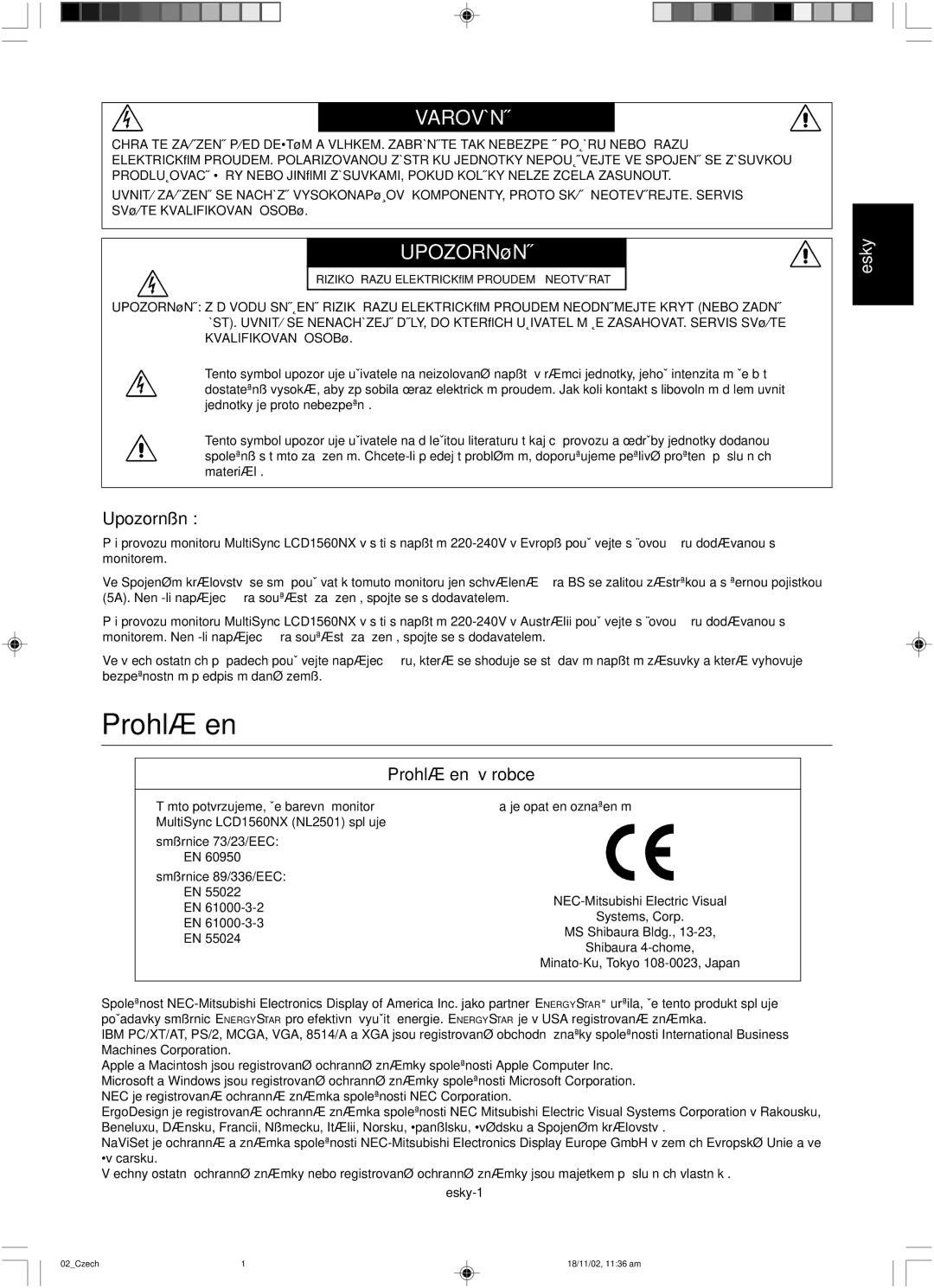 NEC LCD1560NX user manual Prohlá‰ení 