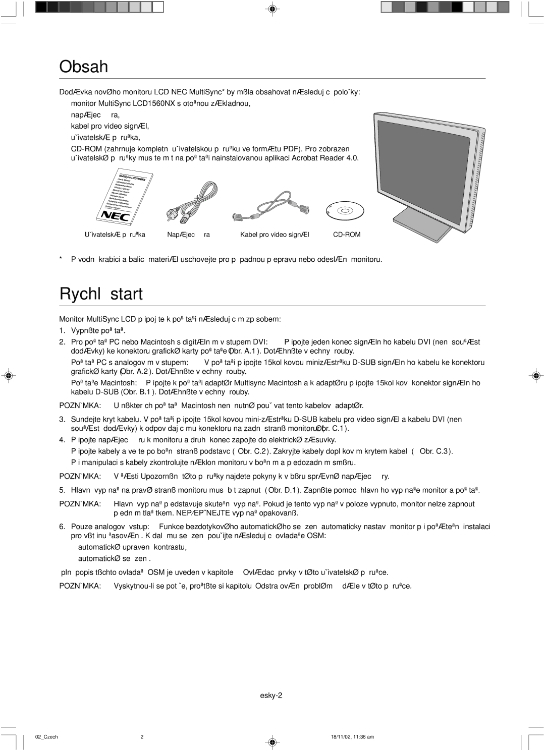 NEC LCD1560NX user manual Obsah 