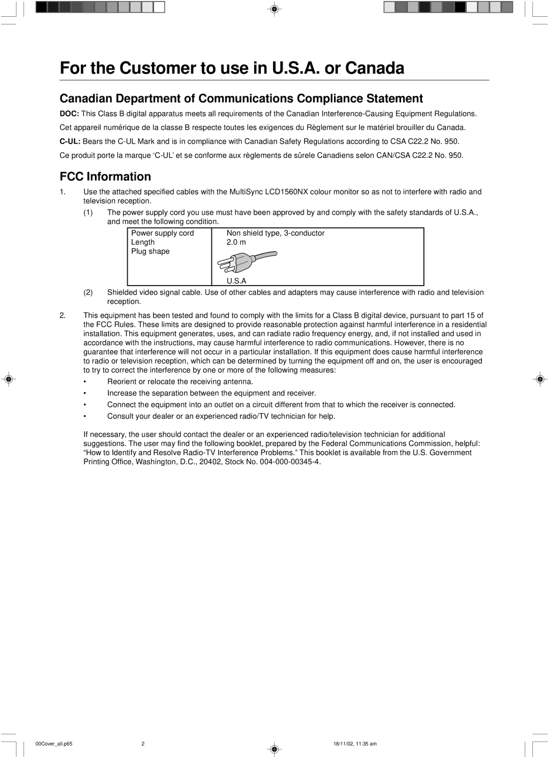 NEC LCD1560NX For the Customer to use in U.S.A. or Canada, Canadian Department of Communications Compliance Statement 