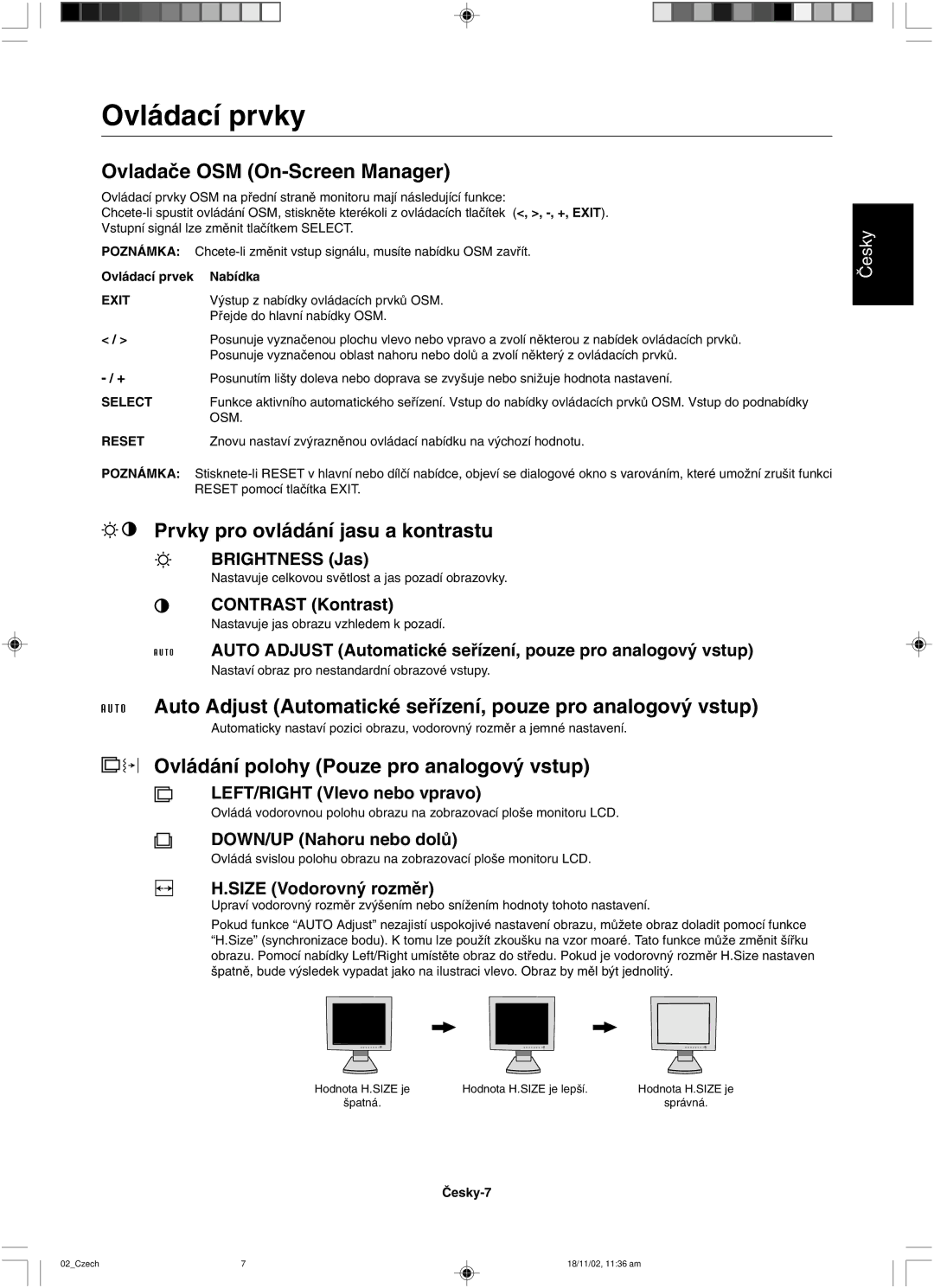 NEC LCD1560NX user manual Ovládací prvky 