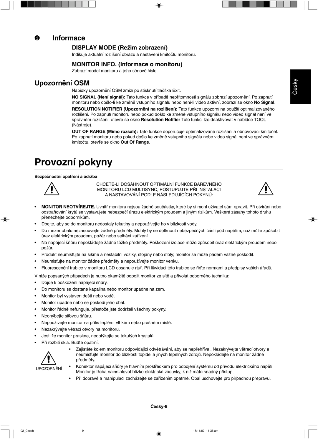 NEC LCD1560NX user manual Provozní pokyny 