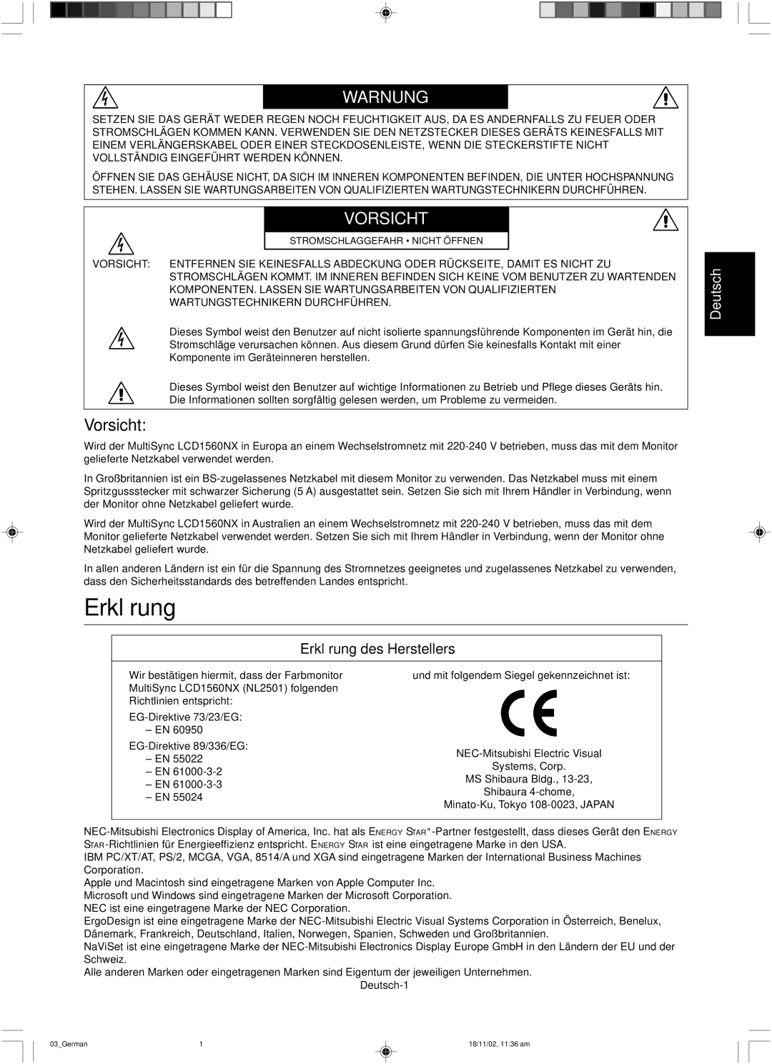 NEC LCD1560NX user manual Erklärung, Vorsicht, Deutsch-1 