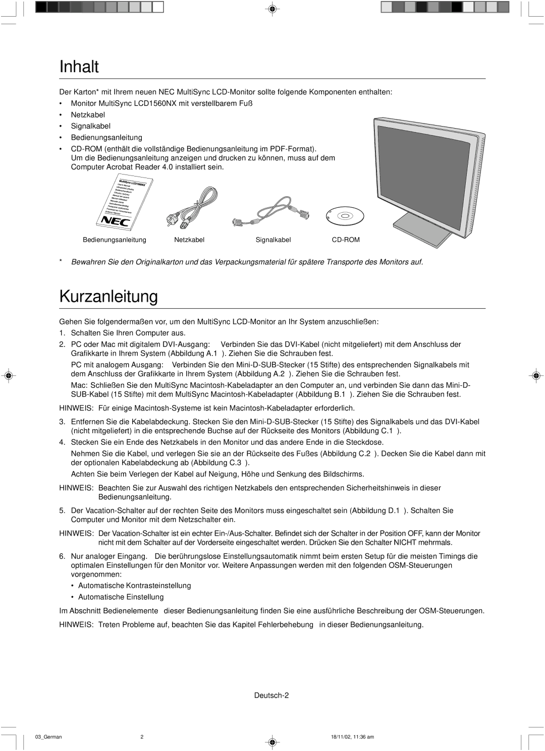 NEC LCD1560NX user manual Inhalt, Kurzanleitung, Deutsch-2 