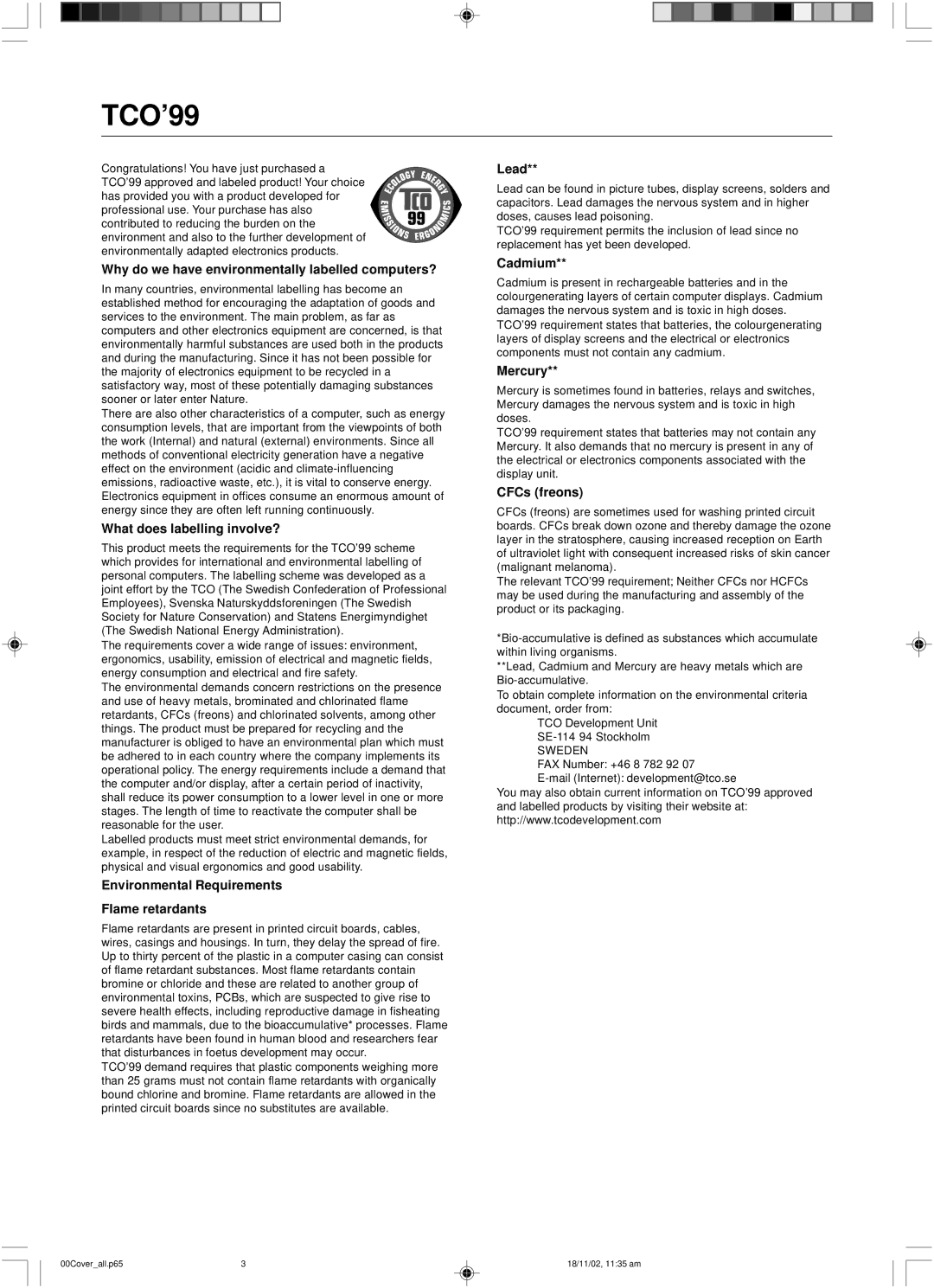 NEC LCD1560NX user manual TCO’99 