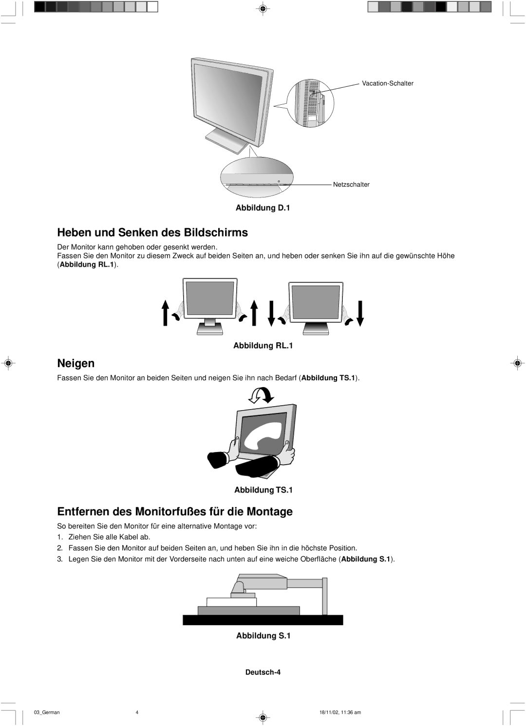 NEC LCD1560NX user manual Heben und Senken des Bildschirms, Neigen, Entfernen des Monitorfußes für die Montage, Deutsch-4 