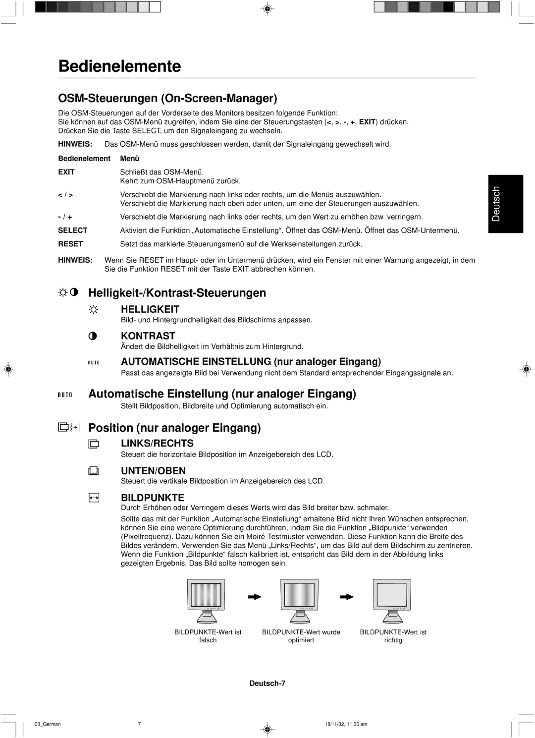 NEC LCD1560NX user manual Bedienelemente, OSM-Steuerungen On-Screen-Manager, Helligkeit-/Kontrast-Steuerungen 