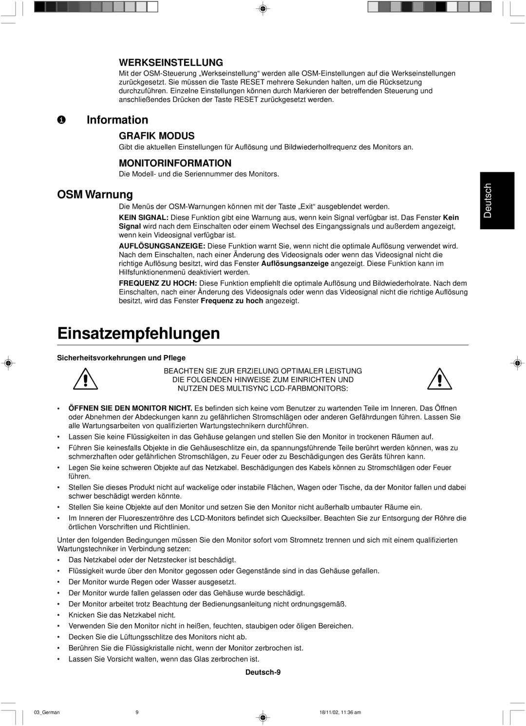 NEC LCD1560NX user manual Einsatzempfehlungen, OSM Warnung, Werkseinstellung, Grafik Modus, Monitorinformation 