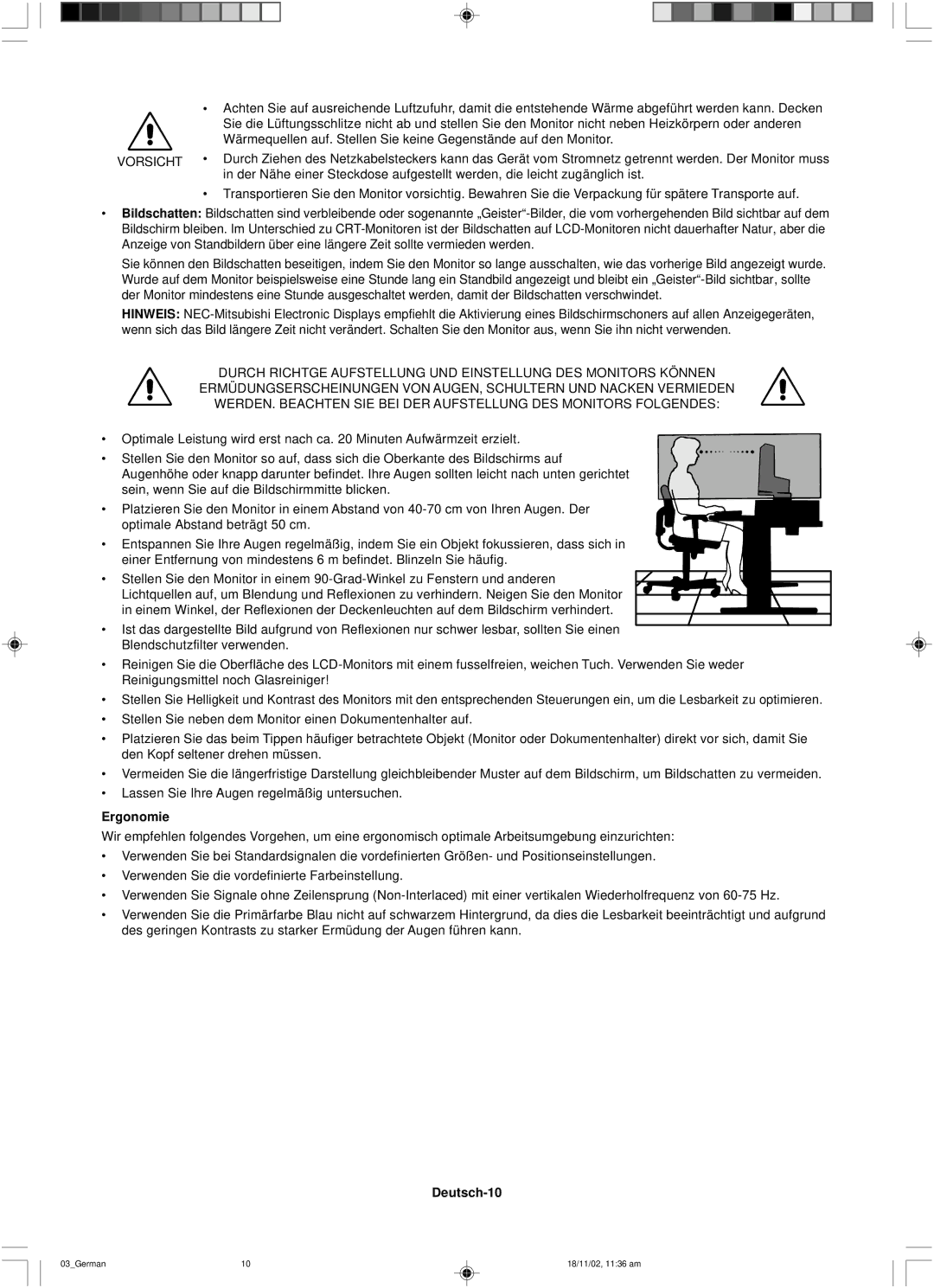 NEC LCD1560NX user manual Ergonomie, Deutsch-10 