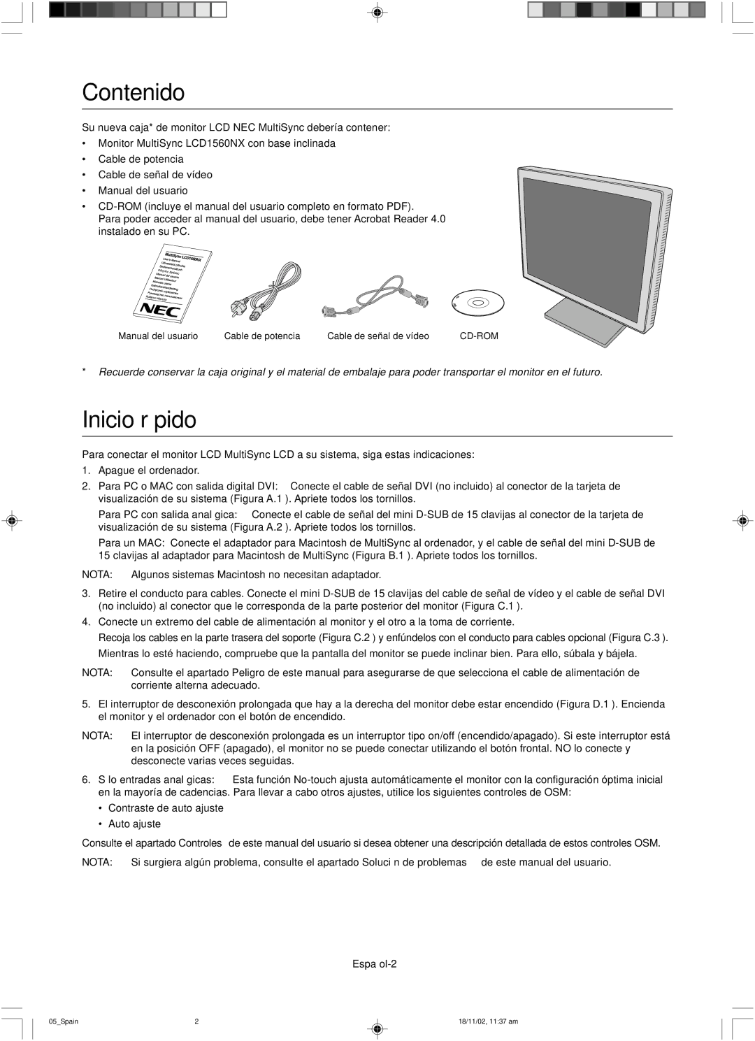 NEC LCD1560NX user manual Contenido, Inicio rápido, Español-2 