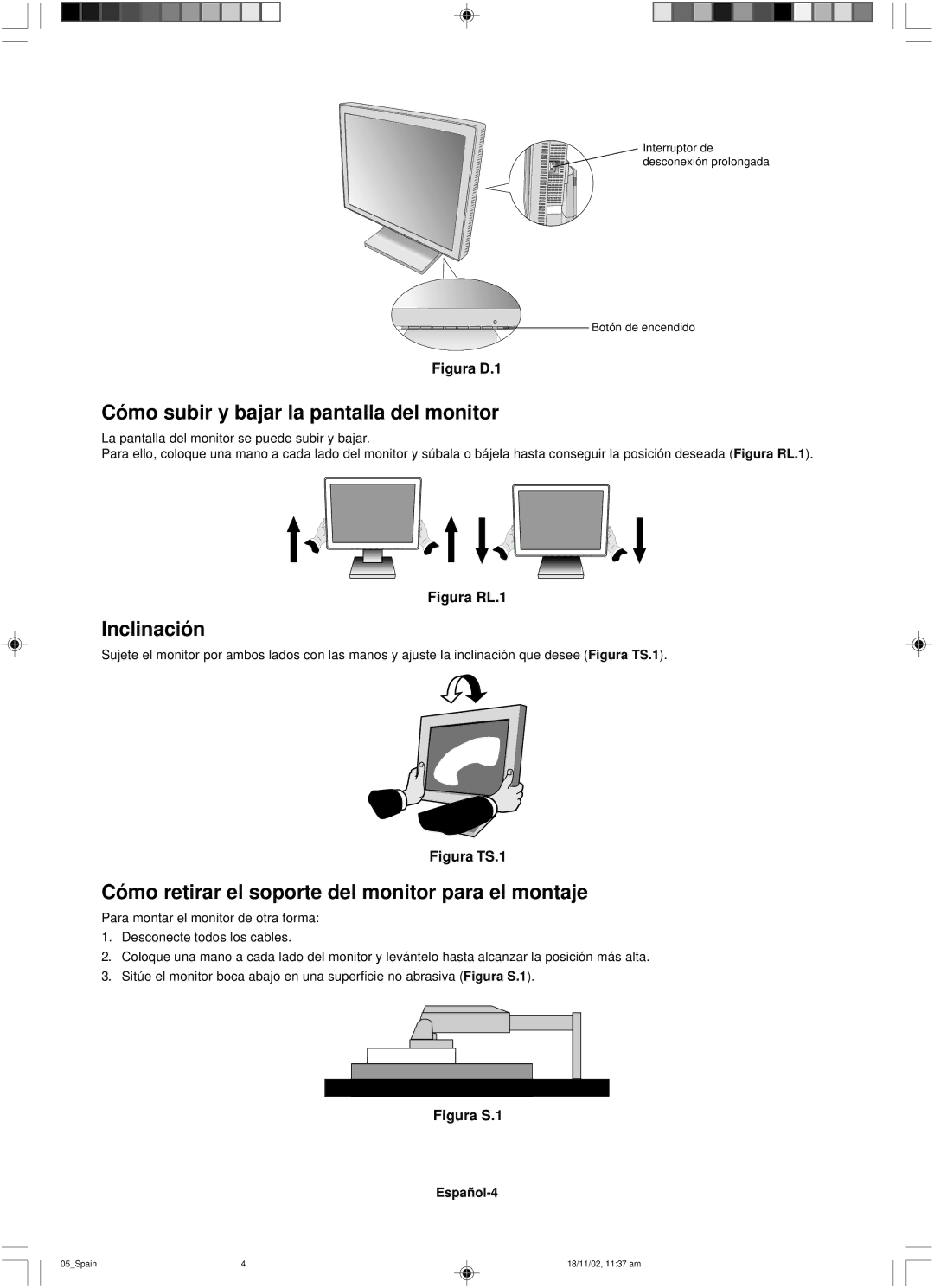 NEC LCD1560NX Cómo subir y bajar la pantalla del monitor, Inclinación, Cómo retirar el soporte del monitor para el montaje 