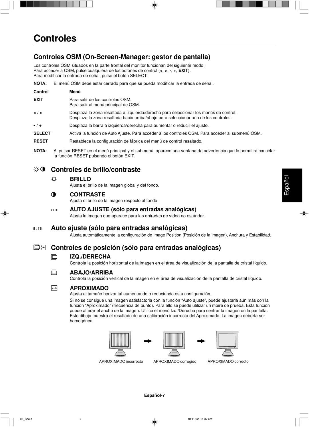 NEC LCD1560NX user manual Controles OSM On-Screen-Manager gestor de pantalla, Controles de brillo/contraste 