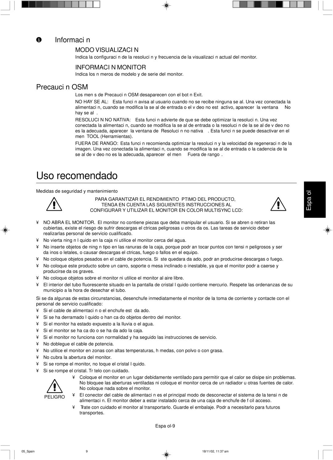 NEC LCD1560NX user manual Uso recomendado, Precaución OSM, Modo Visualización, Información Monitor 