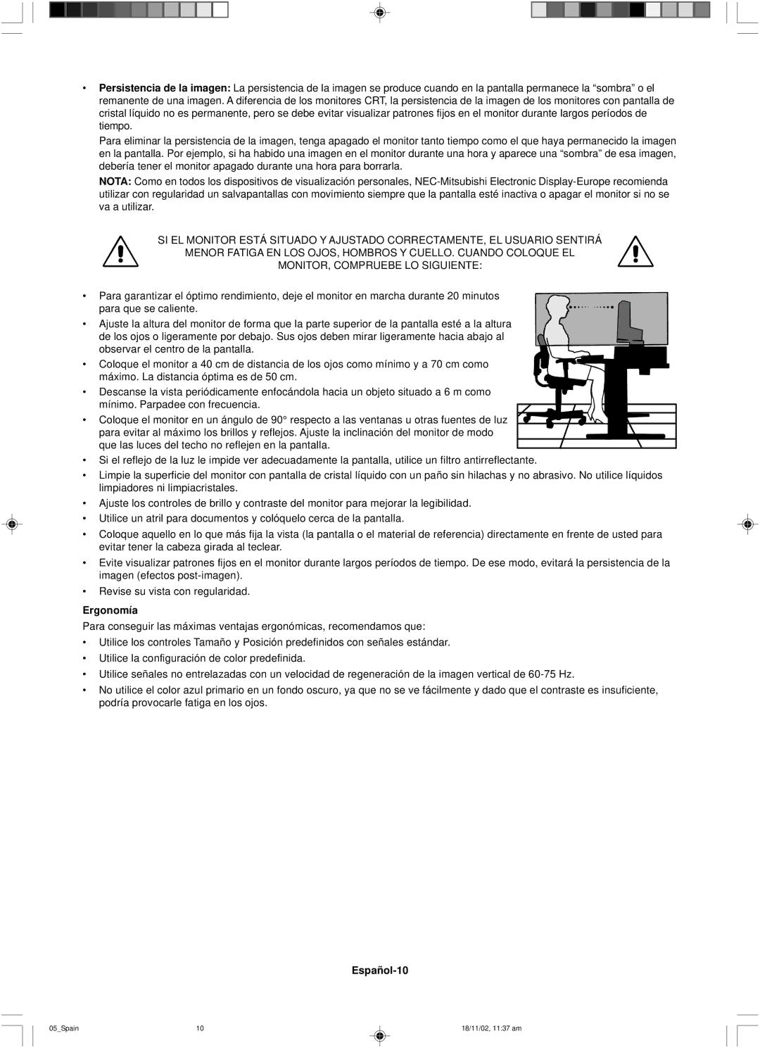 NEC LCD1560NX user manual Ergonomía, Español-10 