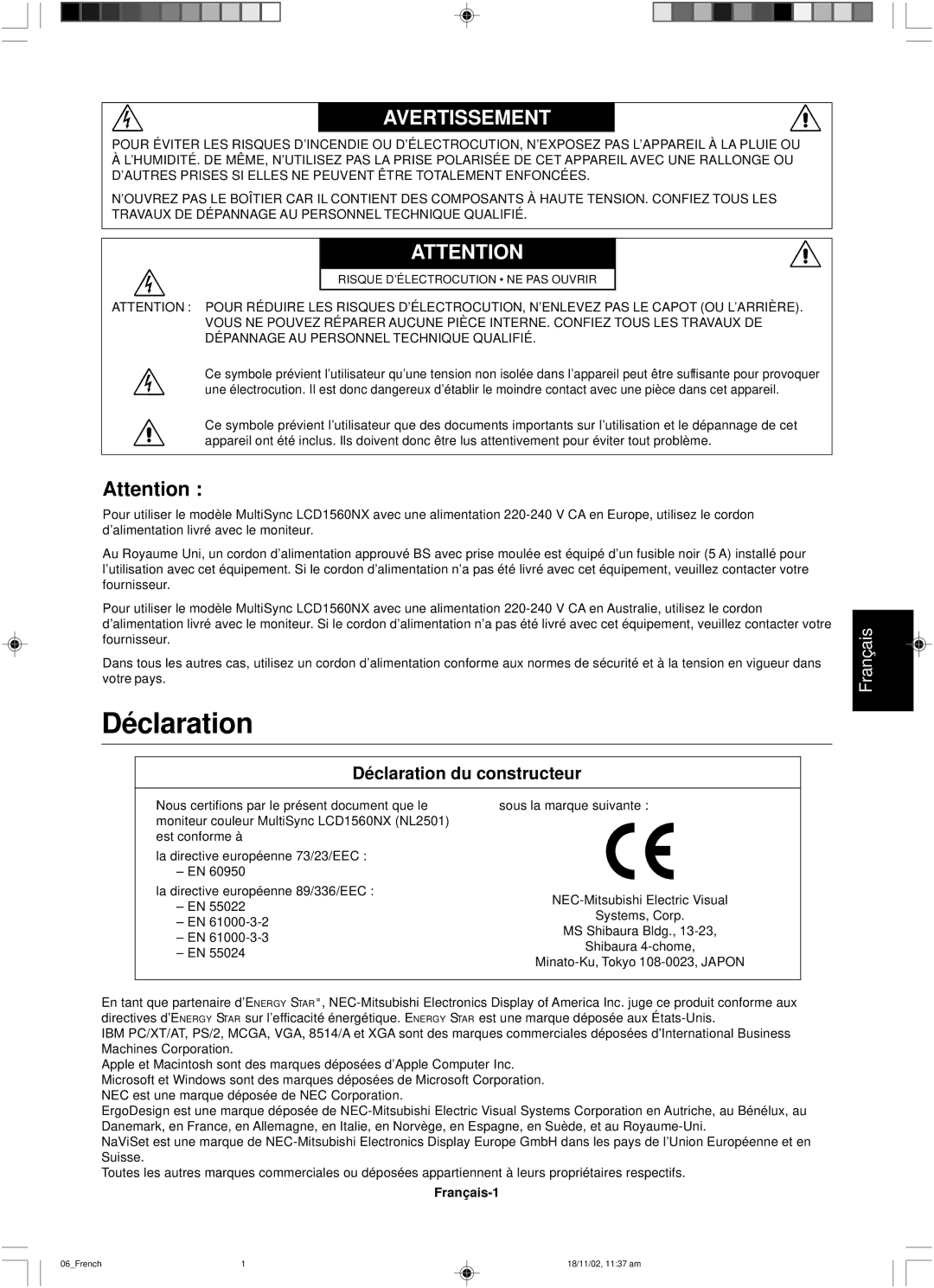 NEC LCD1560NX user manual Déclaration, Français-1 