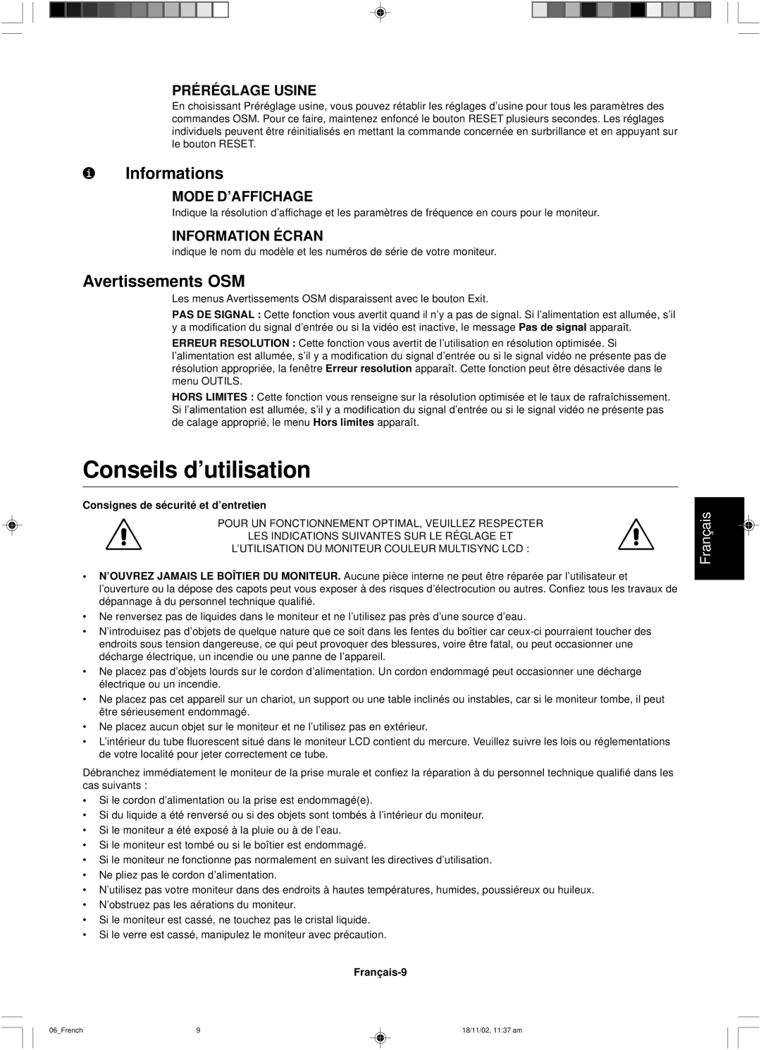 NEC LCD1560NX user manual Conseils d’utilisation, Informations, Avertissements OSM 