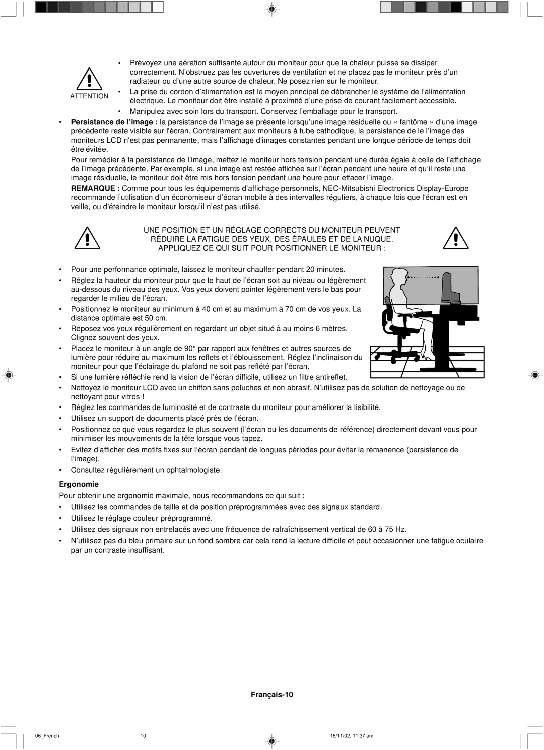 NEC LCD1560NX user manual Ergonomie, Français-10 