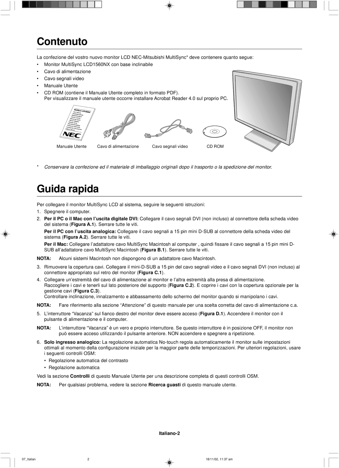 NEC LCD1560NX user manual Contenuto, Guida rapida, Italiano-2 