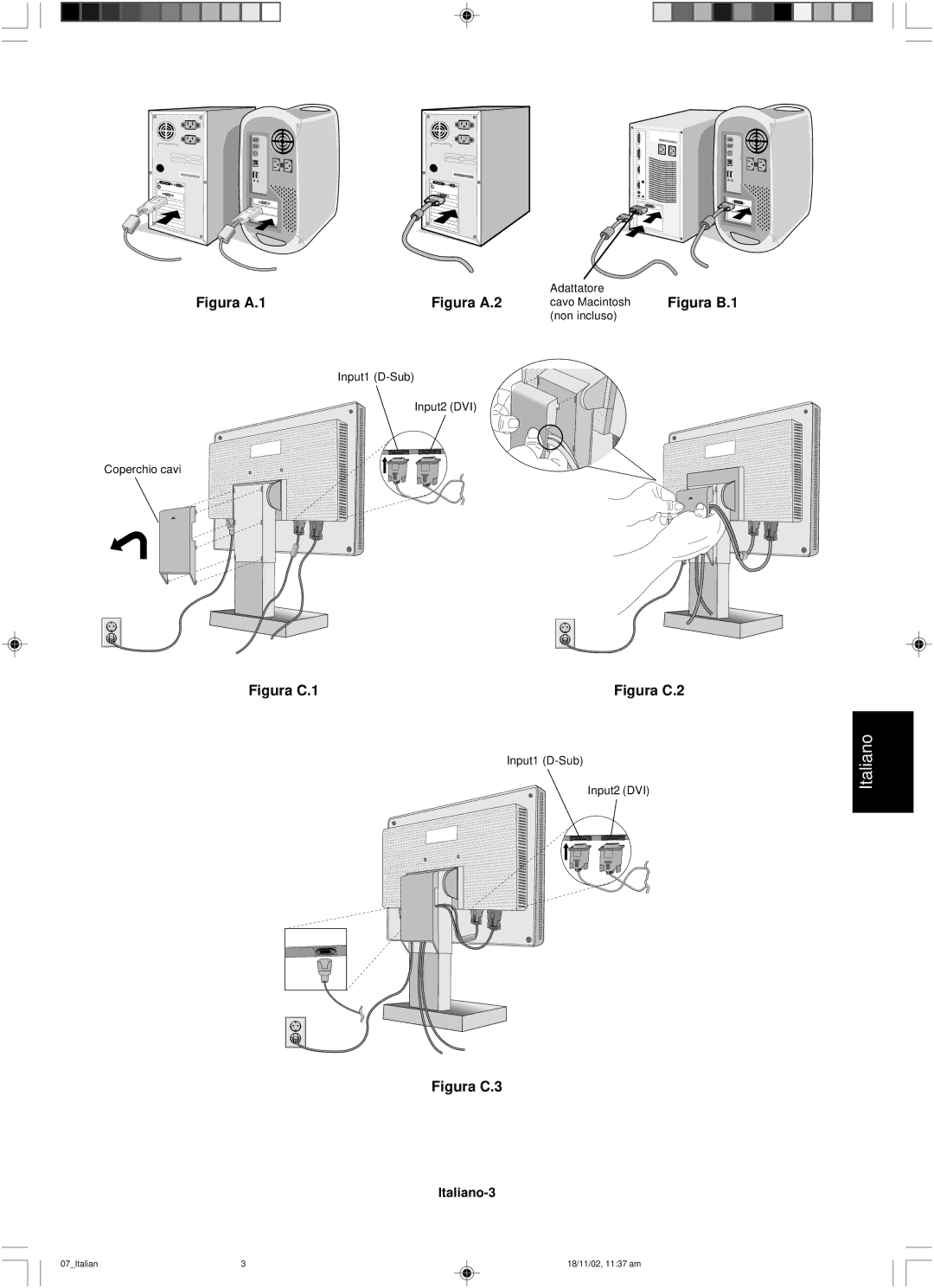 NEC LCD1560NX user manual Figura A.1Figura A.2 cavo Macintosh Figura B.1 non incluso, Italiano-3 