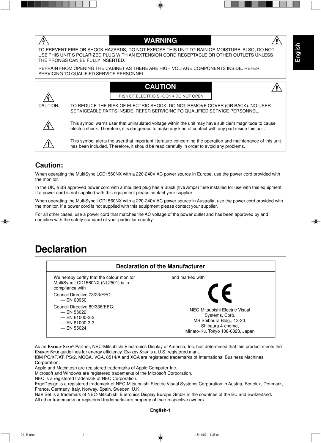 NEC LCD1560NX user manual Declaration, English-1 