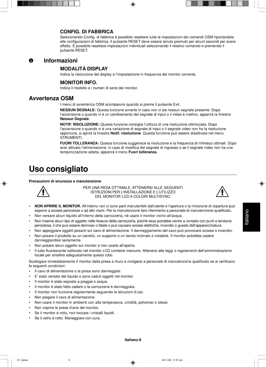 NEC LCD1560NX user manual Uso consigliato, Informazioni, Avvertenza OSM, CONFIG. DI Fabbrica, Modalità Display 