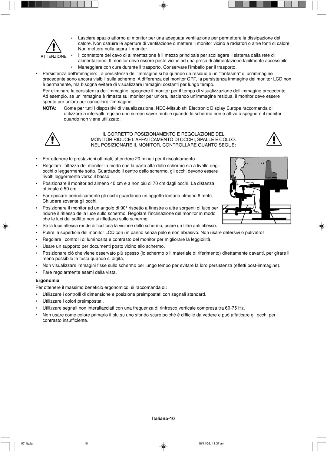 NEC LCD1560NX user manual Ergonomia, Italiano-10 