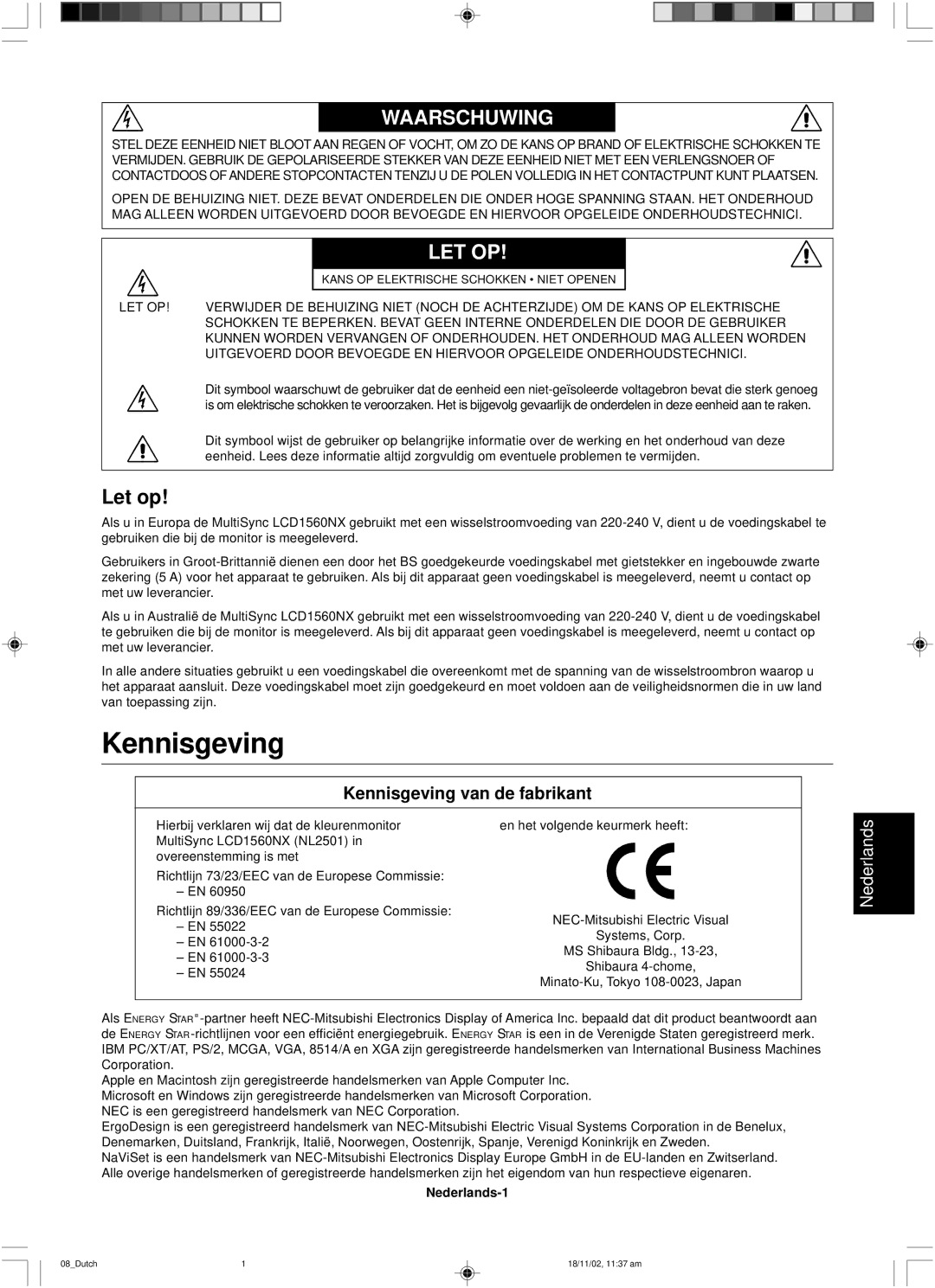 NEC LCD1560NX user manual Kennisgeving, Let op, Nederlands-1 