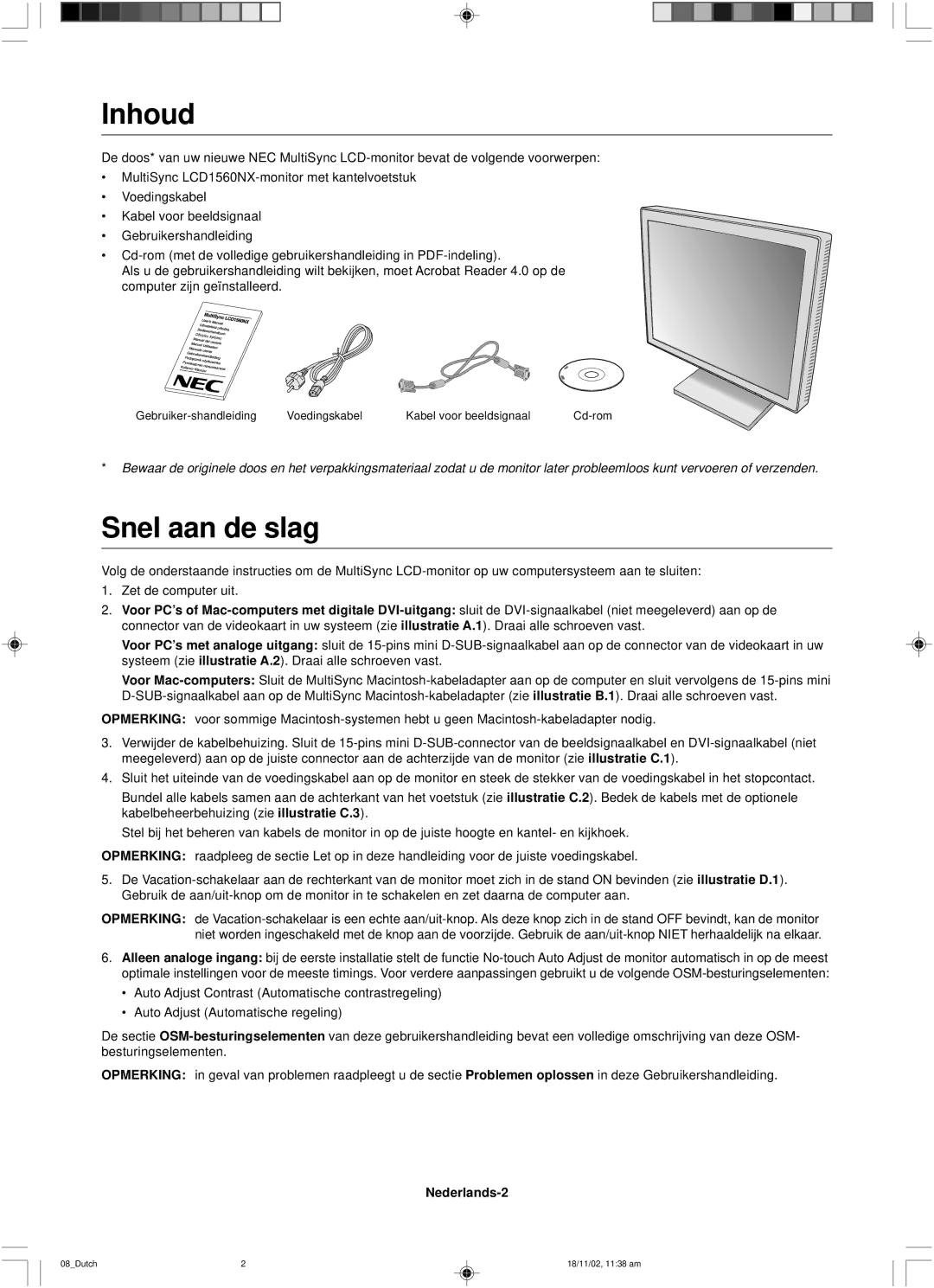 NEC LCD1560NX user manual Inhoud, Snel aan de slag, Nederlands-2 