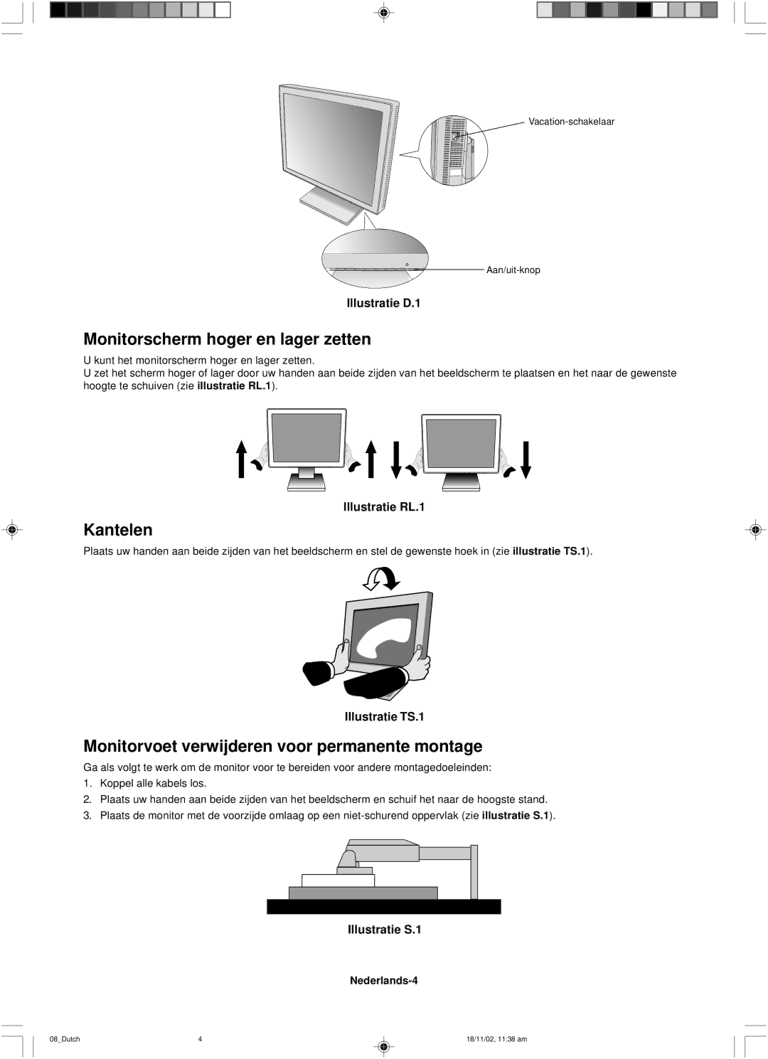 NEC LCD1560NX Monitorscherm hoger en lager zetten, Kantelen, Monitorvoet verwijderen voor permanente montage, Nederlands-4 