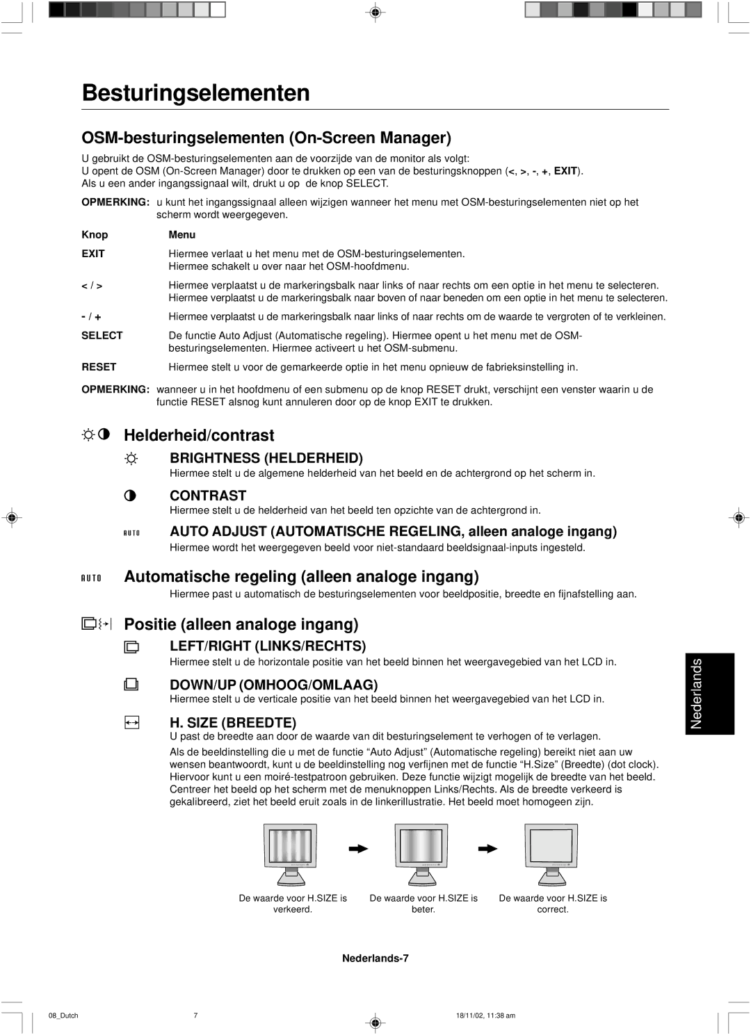 NEC LCD1560NX user manual Besturingselementen, OSM-besturingselementen On-Screen Manager, Helderheid/contrast 