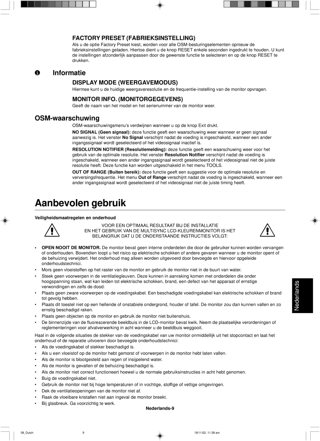 NEC LCD1560NX user manual Aanbevolen gebruik, Informatie, OSM-waarschuwing 