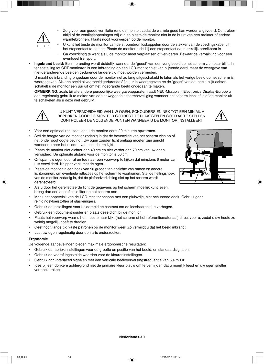 NEC LCD1560NX user manual Ergonomie, Nederlands-10 