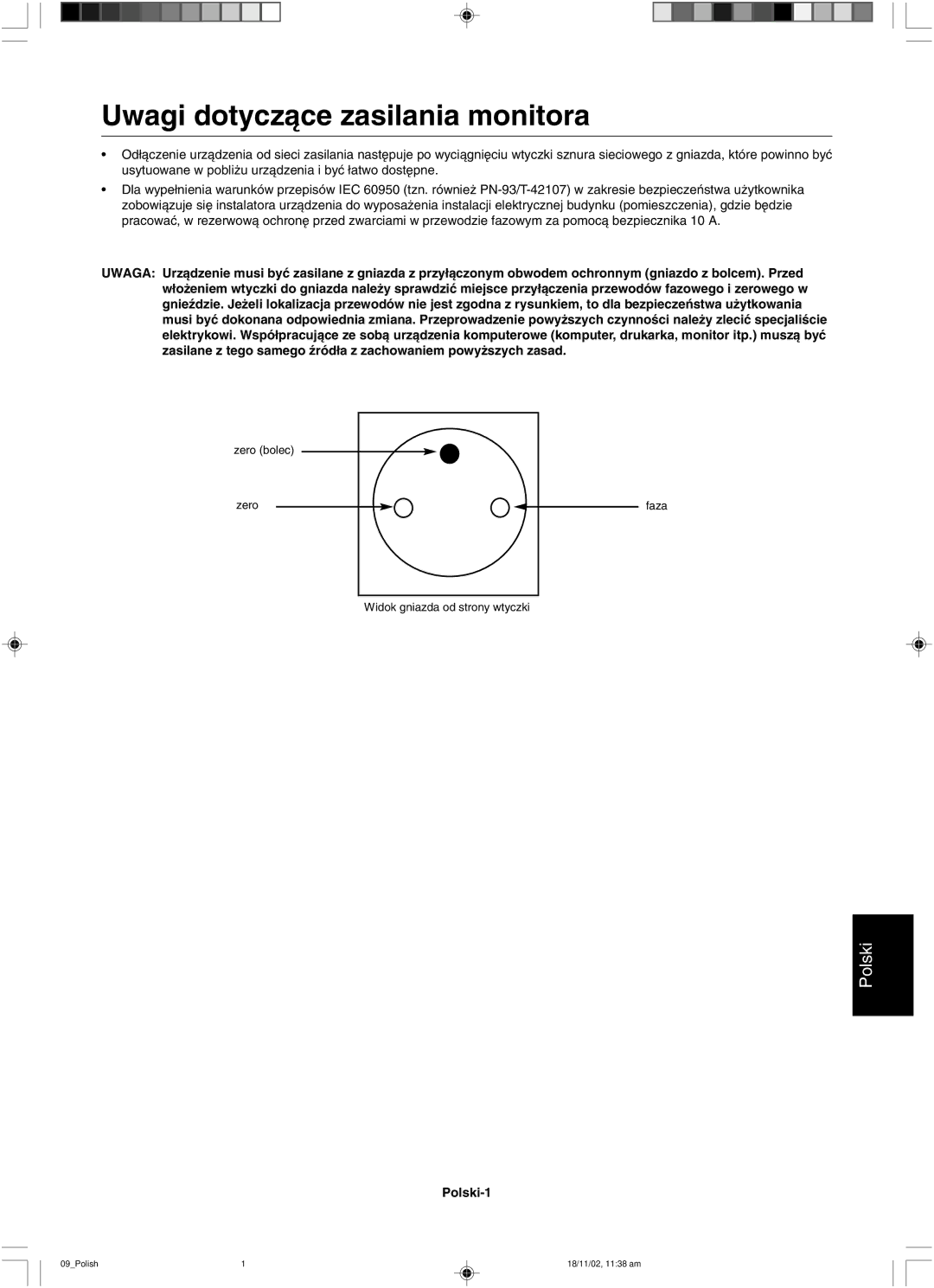 NEC LCD1560NX user manual Uwagi dotyczàce zasilania monitora 