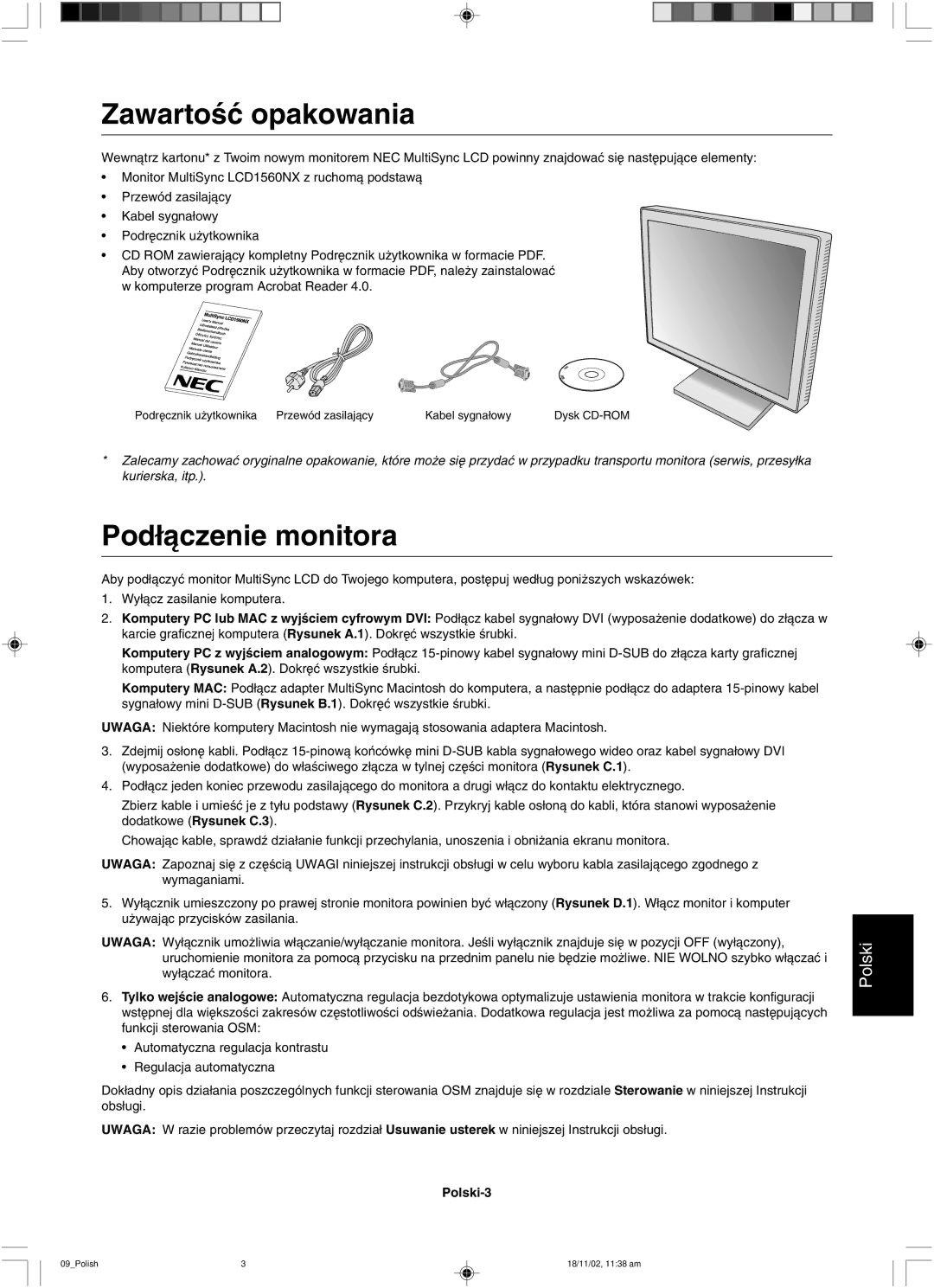 NEC LCD1560NX user manual ZawartoÊç opakowania 