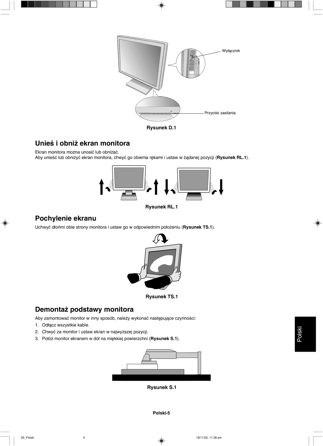 NEC LCD1560NX user manual UnieÊ i obni˝ ekran monitora 